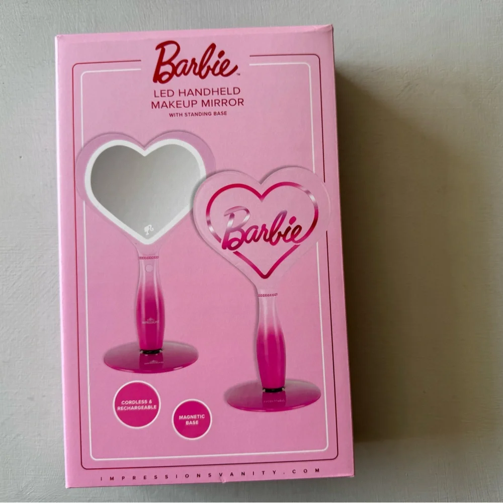 NIB Barbie LED Handheld Makeup Mirror with Standing Base